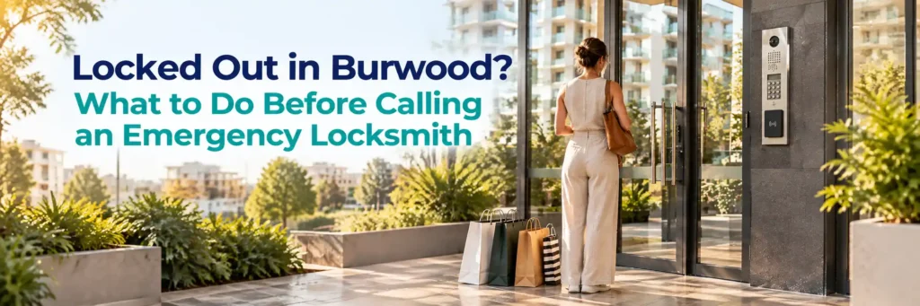 Person locked out at a Burwood apartment entrance before calling an emergency locksmith