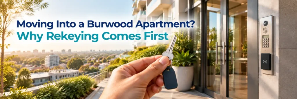 New apartment owner holding keys outside a Burwood apartment building before rekeying the door locks.